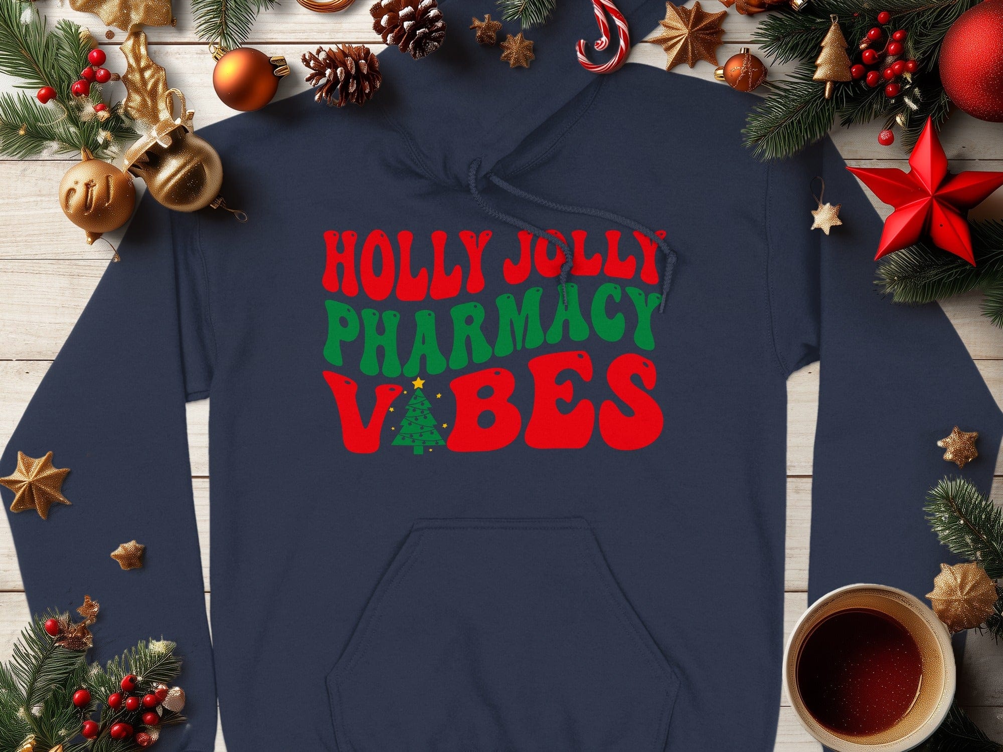 Holly Jolly Pharmacy Vibes Hoodie Festive Winter Product