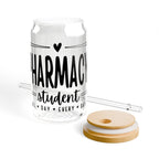 Glass tumbler with "Pharmacy student ALL DAY EVERY DAY" text and straw.