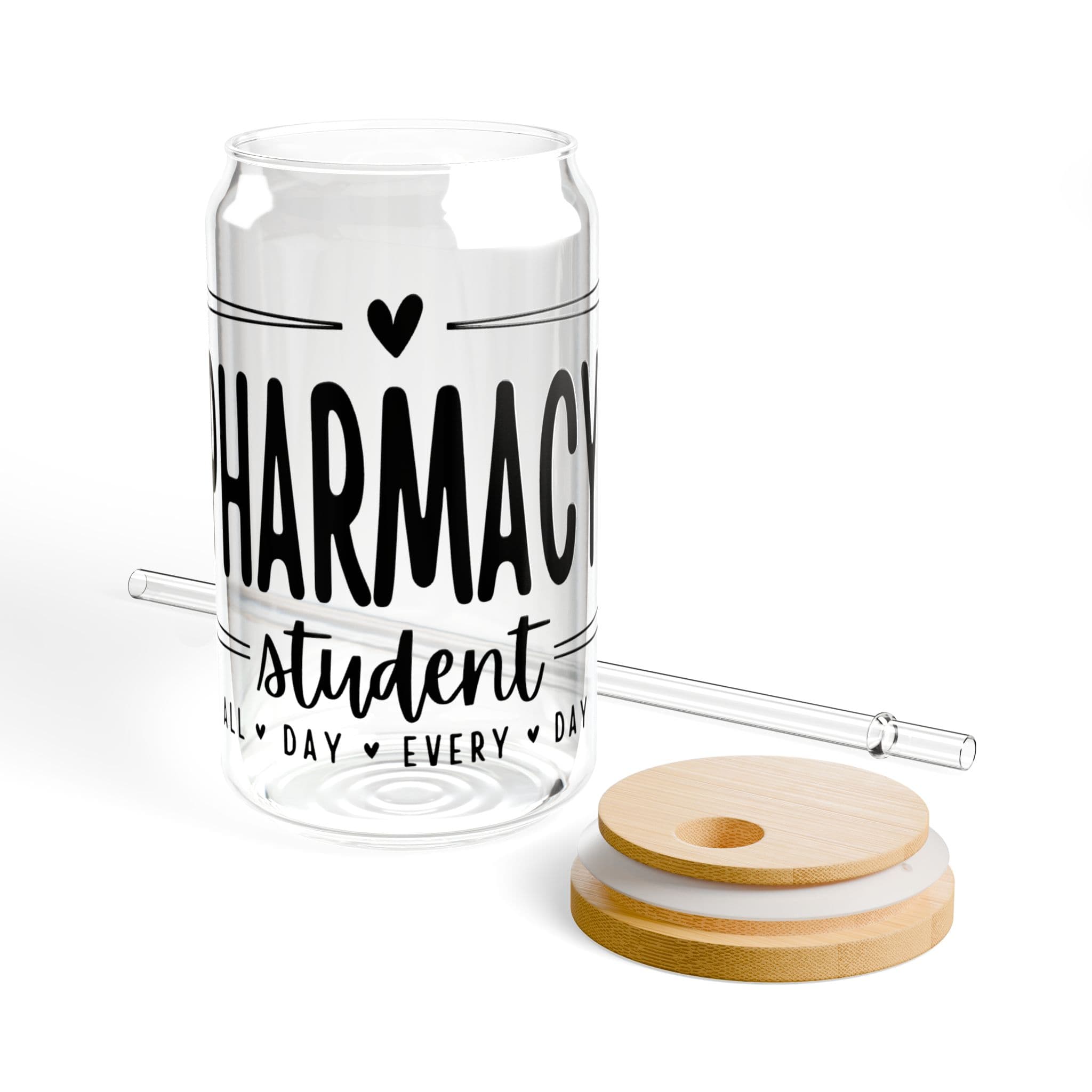 Glass tumbler with "Pharmacy student ALL DAY EVERY DAY" text and straw.