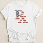 White t-shirt with distressed American flag RX logo.