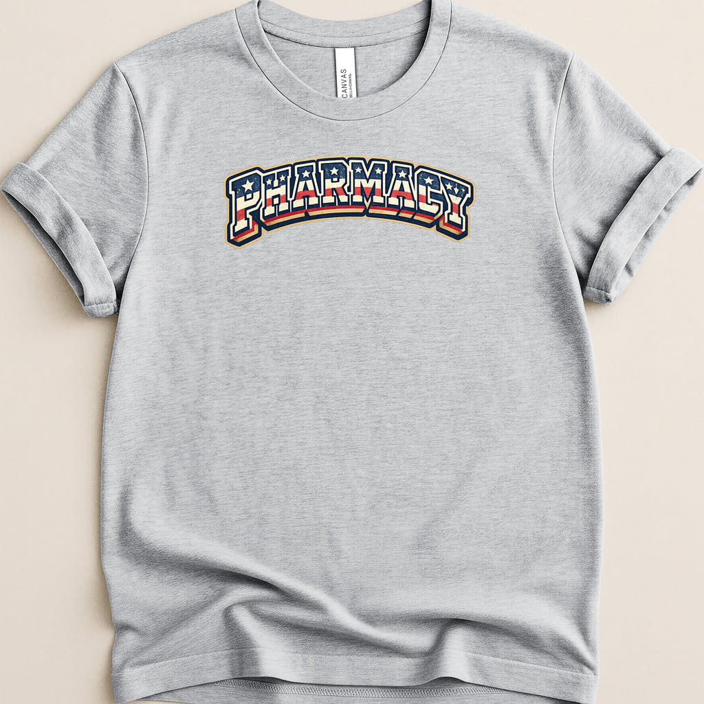 Gray t-shirt with "Pharmacy" text in distressed patriotic colors.