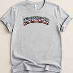 Gray t-shirt with "Pharmacy" text in distressed patriotic colors.