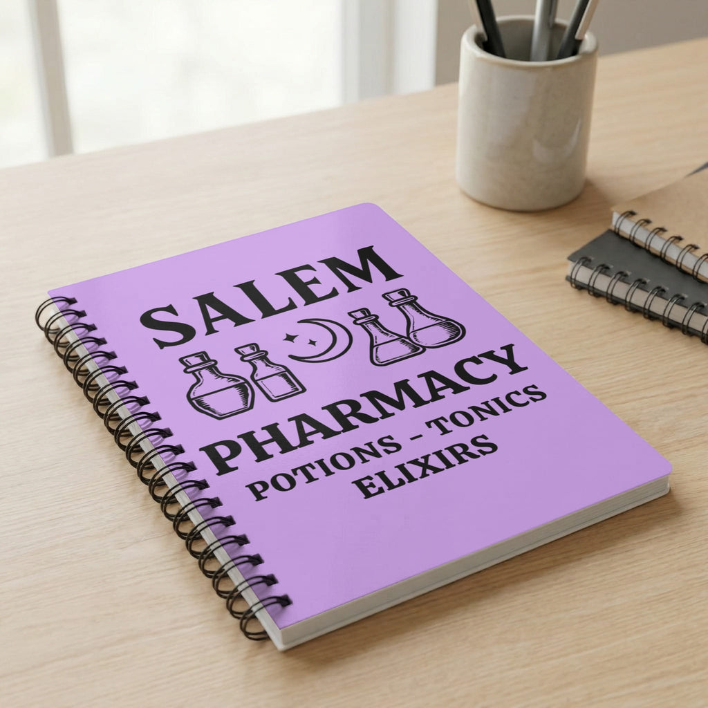 Purple notebook with "SALEM PHARMACY POTIONS - TONICS ELIXIRS" text and potion bottle graphics.