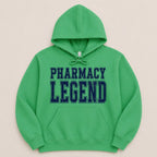 Green hooded sweatshirt with "PHARMACY LEGEND" text in navy blue.
