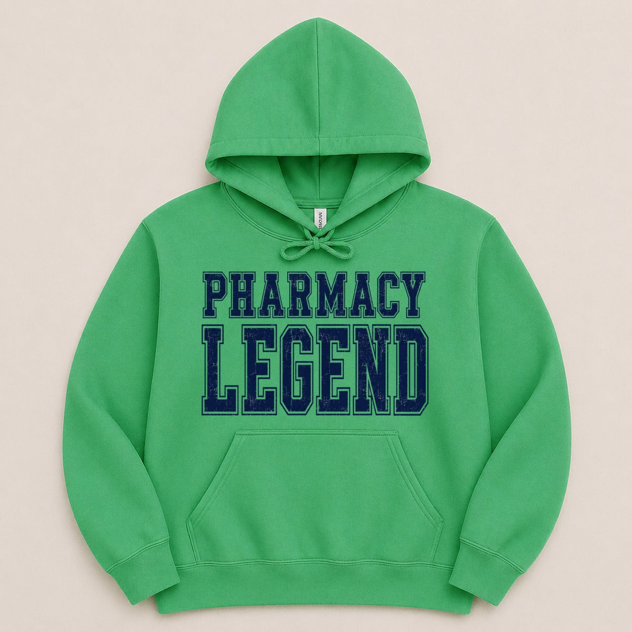 Green hooded sweatshirt with "PHARMACY LEGEND" text in navy blue.