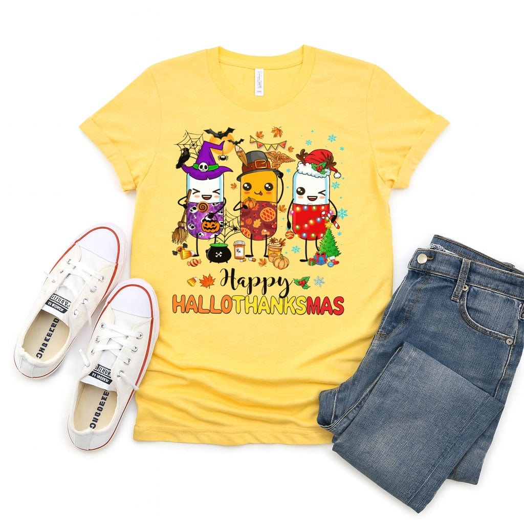 Happy HalloThanksMas Pharmacy Tee - Adverse Reactions - Pharmacy Apparel for Pharmacists, Techs & Students