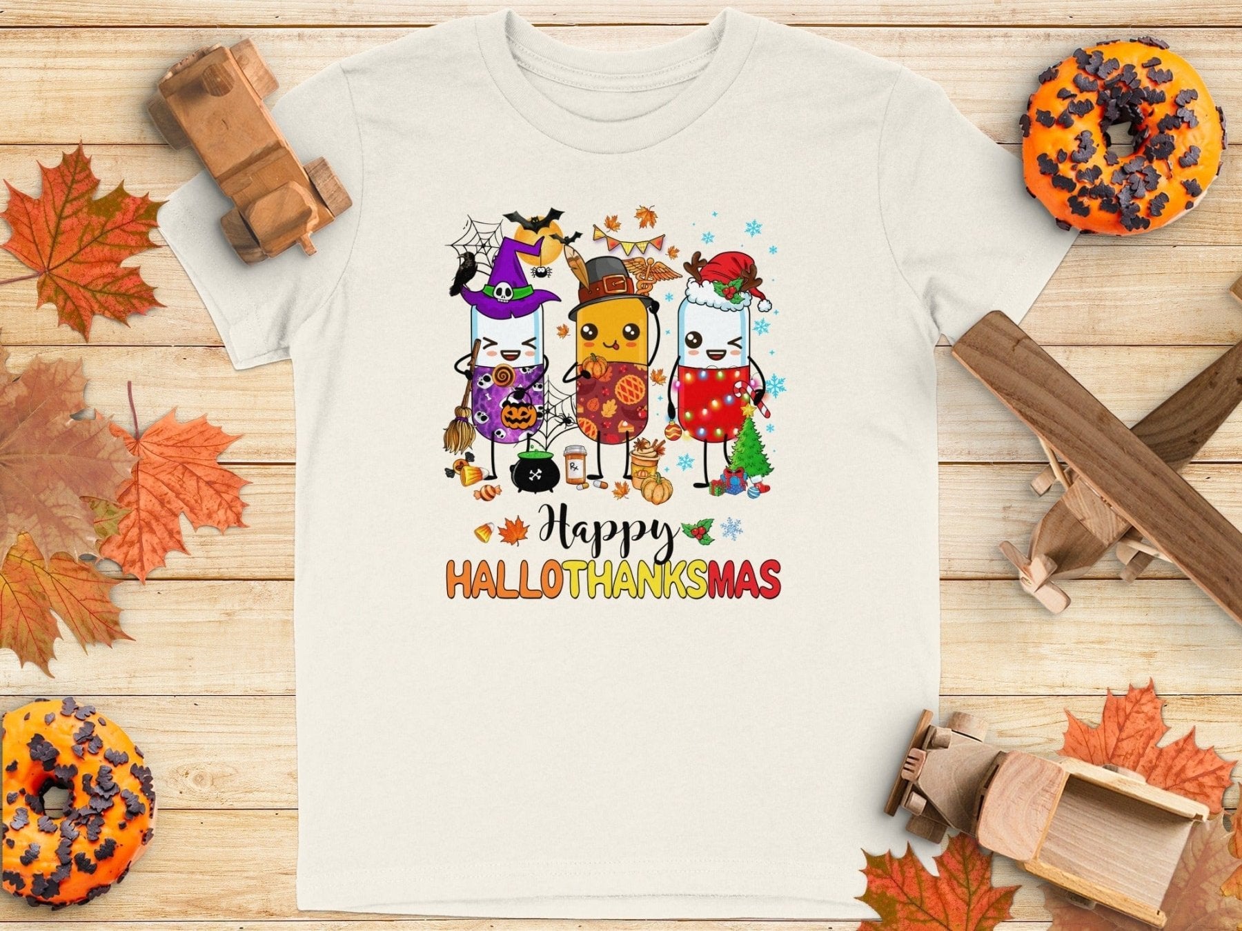Happy HalloThanksMas Pharmacy Tee - Adverse Reactions - Pharmacy Apparel for Pharmacists, Techs & Students