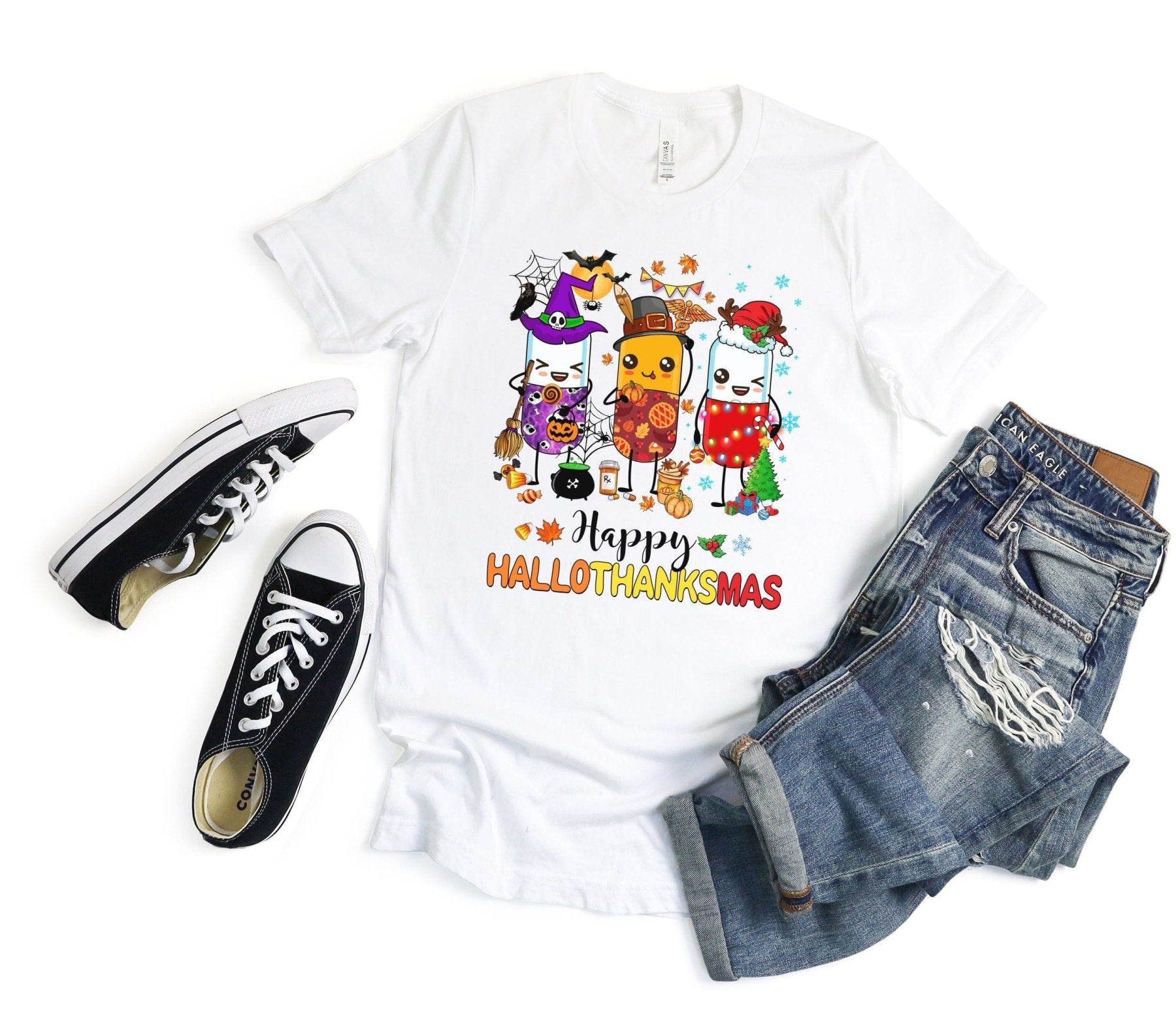 Happy HalloThanksMas Pharmacy Tee - Adverse Reactions - Pharmacy Apparel for Pharmacists, Techs & Students