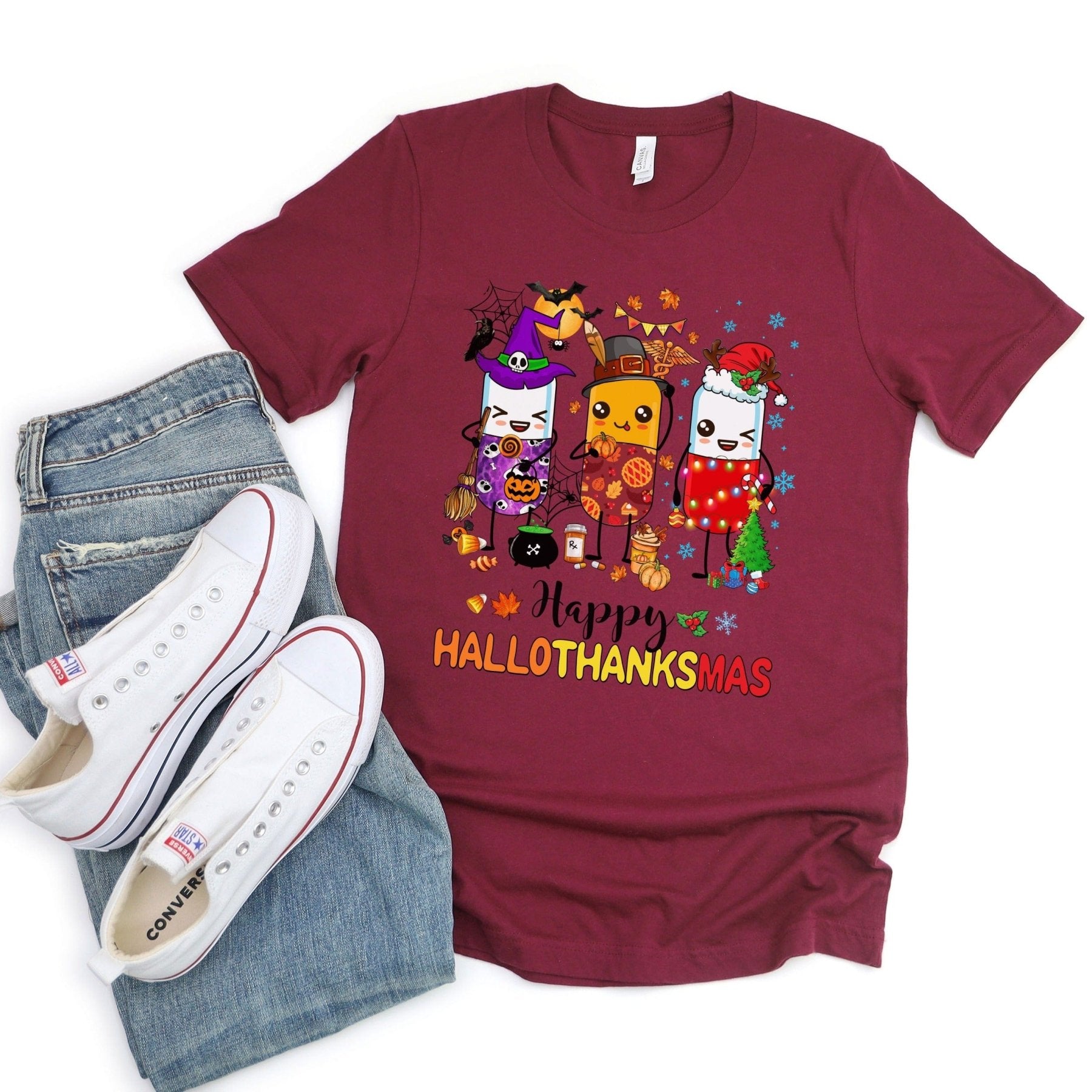 Happy HalloThanksMas Pharmacy Tee - Adverse Reactions - Pharmacy Apparel for Pharmacists, Techs & Students