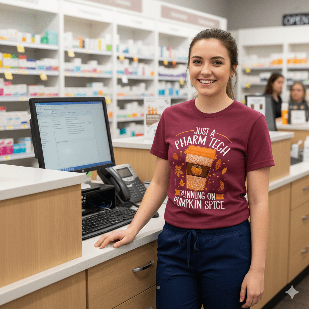 Just a Pharm Tech Running on Pumpkin Spice Tee - Adverse Reactions - Pharmacy Apparel for Pharmacists, Techs & Students