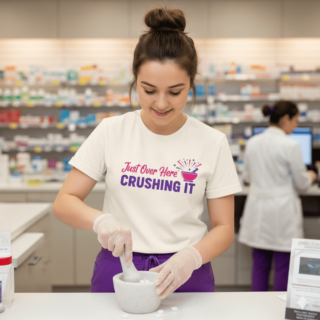 Just Over Here Crushing It Tee - Adverse Reactions - Pharmacy Apparel for Pharmacists, Techs & Students