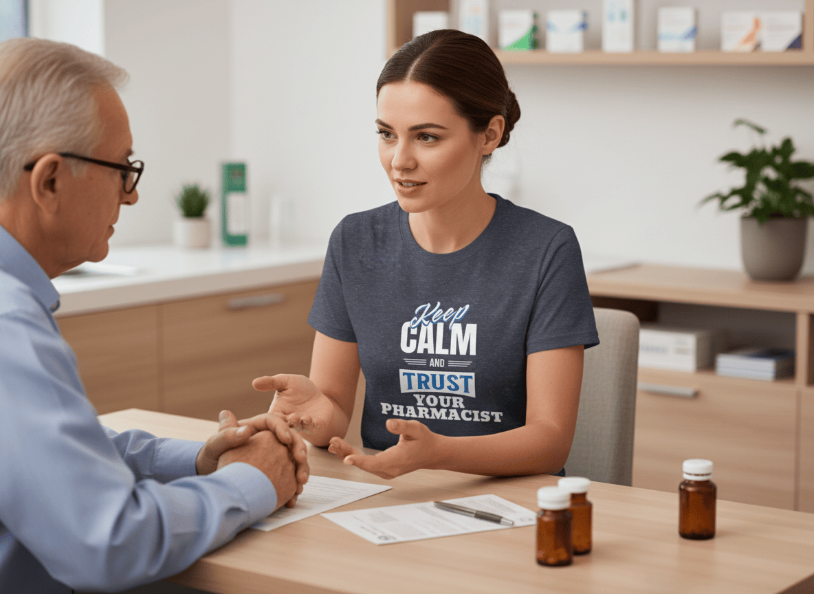 Keep Calm and Trust Your Pharmacist Tee - Adverse Reactions - Pharmacy Apparel for Pharmacists, Techs & Students