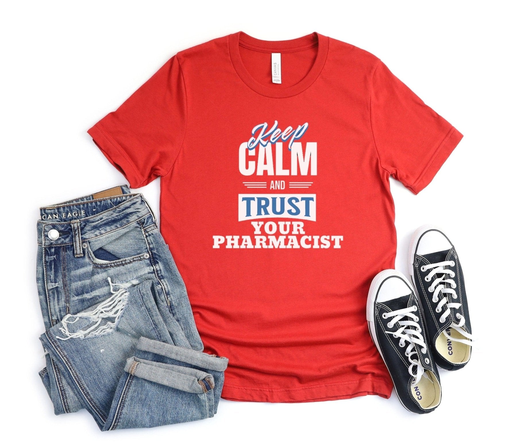 Keep Calm and Trust Your Pharmacist Tee - Adverse Reactions - Pharmacy Apparel for Pharmacists, Techs & Students