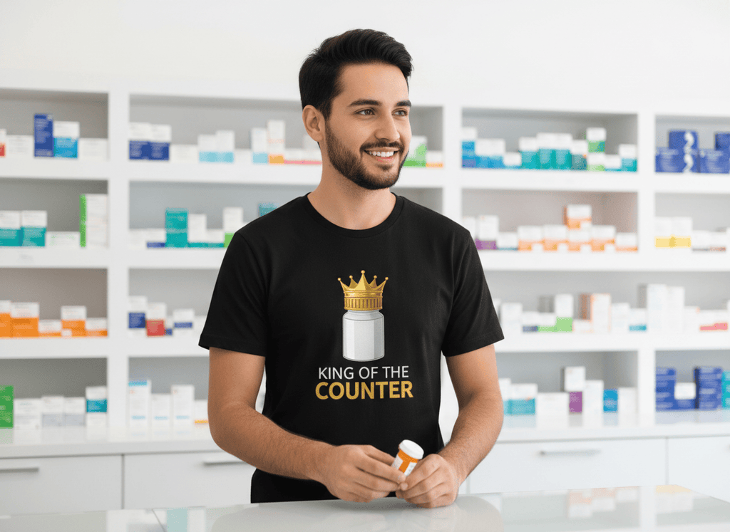 King of the Counter Tee - Adverse Reactions - Pharmacy Apparel for Pharmacists, Techs & Students
