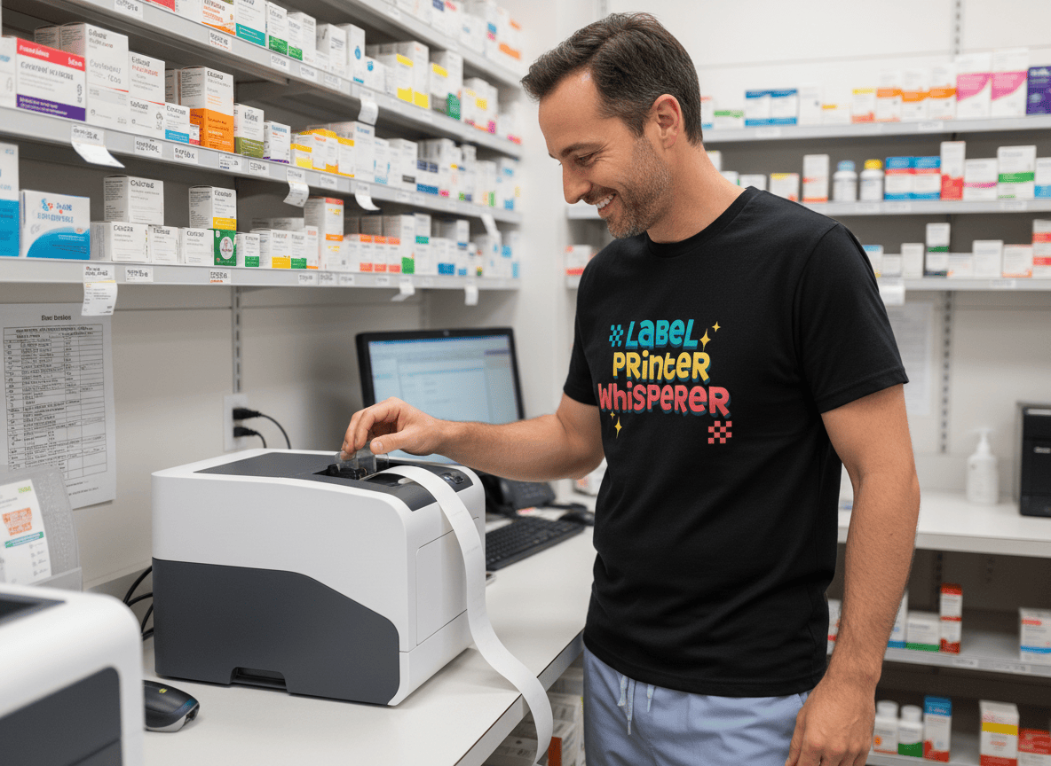 Label Printer Whisperer Tee - Adverse Reactions - Pharmacy Apparel for Pharmacists, Techs & Students
