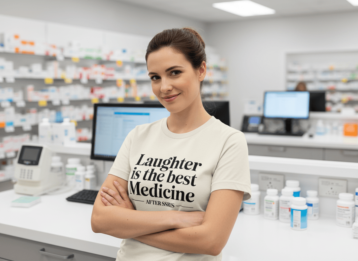 Laughter is the Best Medicine After SSRIs Tee - Adverse Reactions - Pharmacy Apparel for Pharmacists, Techs & Students