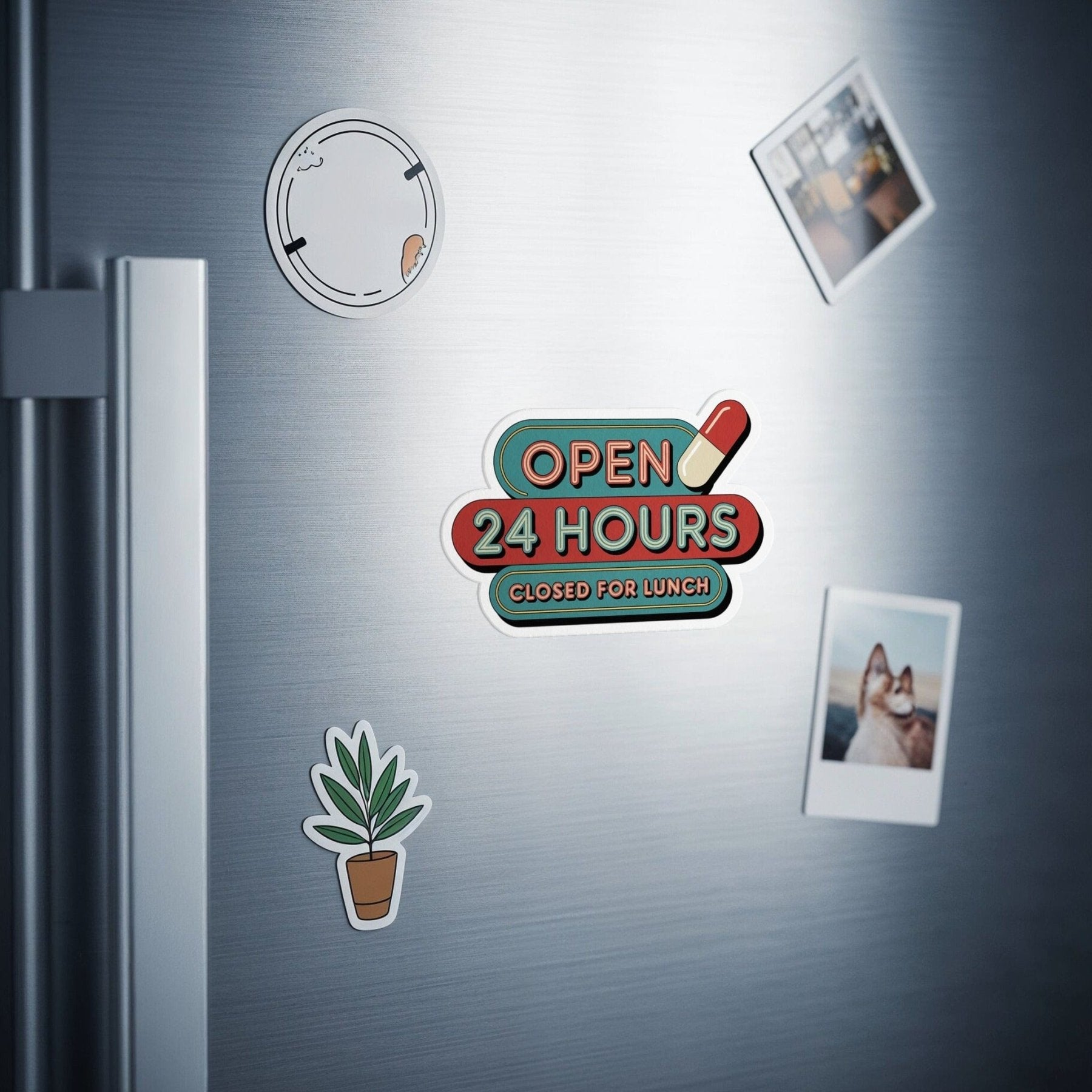 Open 24 Hours Closed for Lunch Magnet - Adverse Reactions - Pharmacy Apparel for Pharmacists, Techs & Students