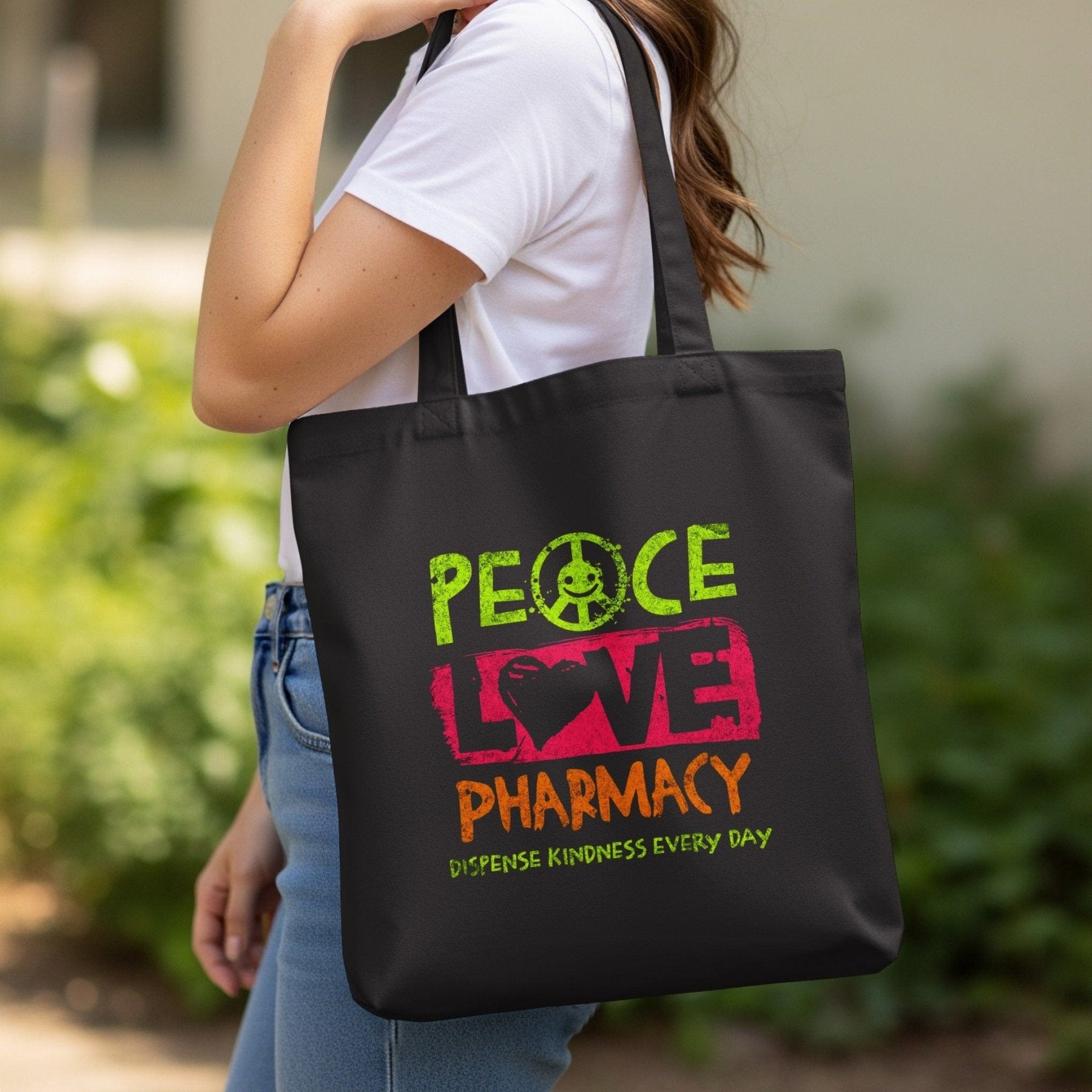 Peace Love Pharmacy Tote Bag - Adverse Reactions - Pharmacy Apparel for Pharmacists, Techs & Students