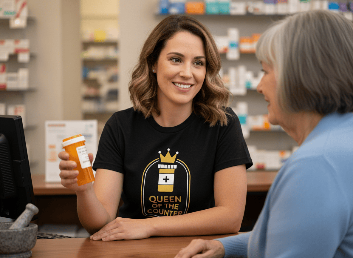 Queen of the Counter Tee - Adverse Reactions - Pharmacy Apparel for Pharmacists, Techs & Students