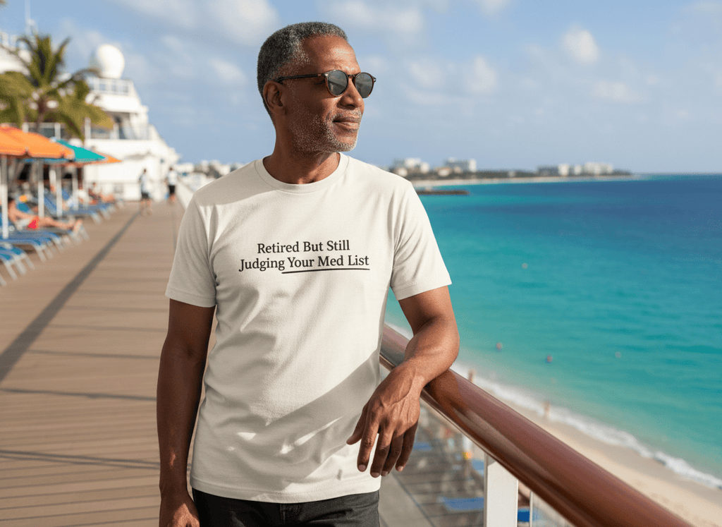 Retired But Still Judging Your Med List Tee - Adverse Reactions - Pharmacy Apparel for Pharmacists, Techs & Students