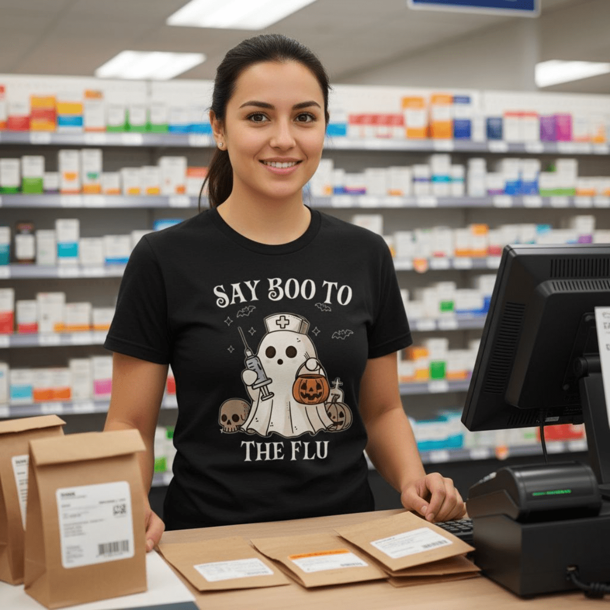 Say Boo to the Flu Tee - Adverse Reactions - Pharmacy Apparel for Pharmacists, Techs & Students