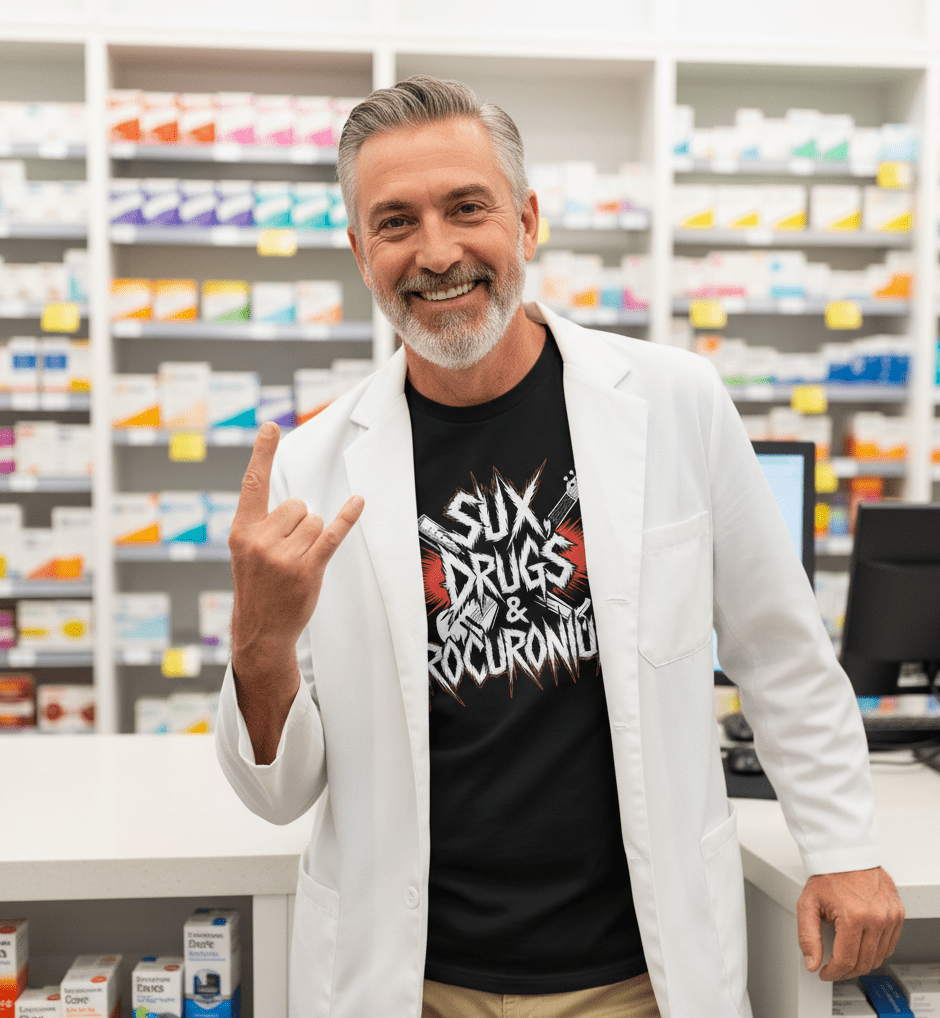 Sux, Drugs & Rocuronium Tee - Adverse Reactions - Pharmacy Apparel for Pharmacists, Techs & Students