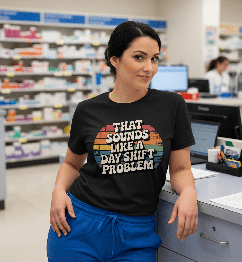 That Sounds Like A Day Shift Problem Tee - Adverse Reactions - Pharmacy Apparel for Pharmacists, Techs & Students