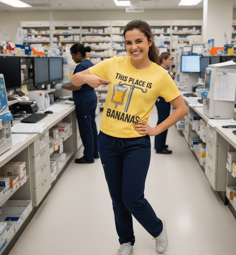This Place is Bananas Tee - Adverse Reactions - Pharmacy Apparel for Pharmacists, Techs & Students