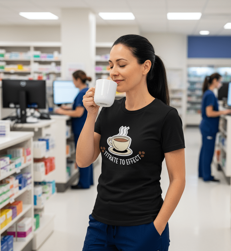 Titrate To Effect Coffee Tee - Adverse Reactions - Pharmacy Apparel for Pharmacists, Techs & Students